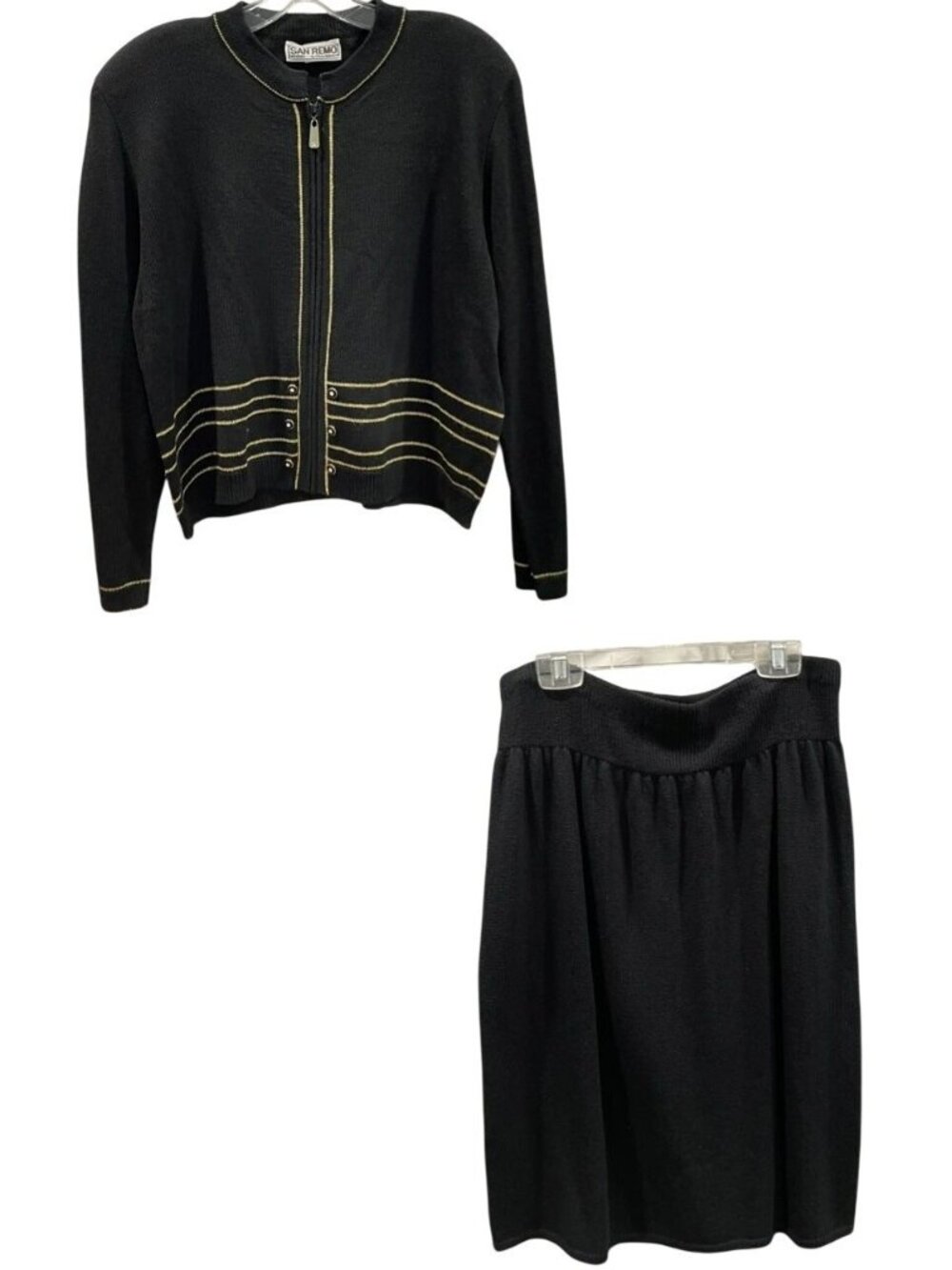 Vintage 80s San Remo Knit Cardigan Skirt Set PL Black Gold Striped Retro Preppy